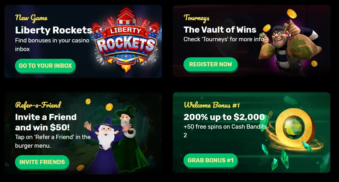 Ozwin Casino mobile promotions grid showing new game, tourney, refer a friend and welcome bonus tiles