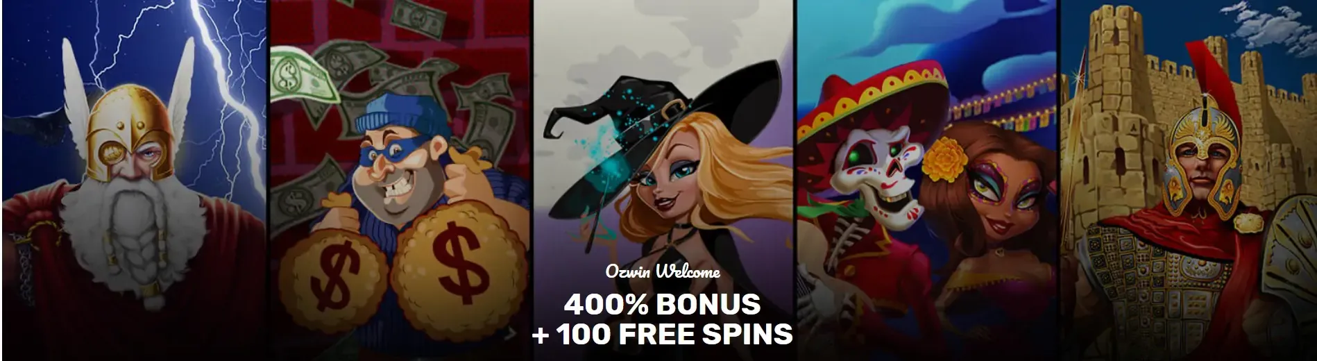 Ozwin welcome banner with wizard, bandit and Aztec pokies characters advertising a 400% bonus and 100 free spins