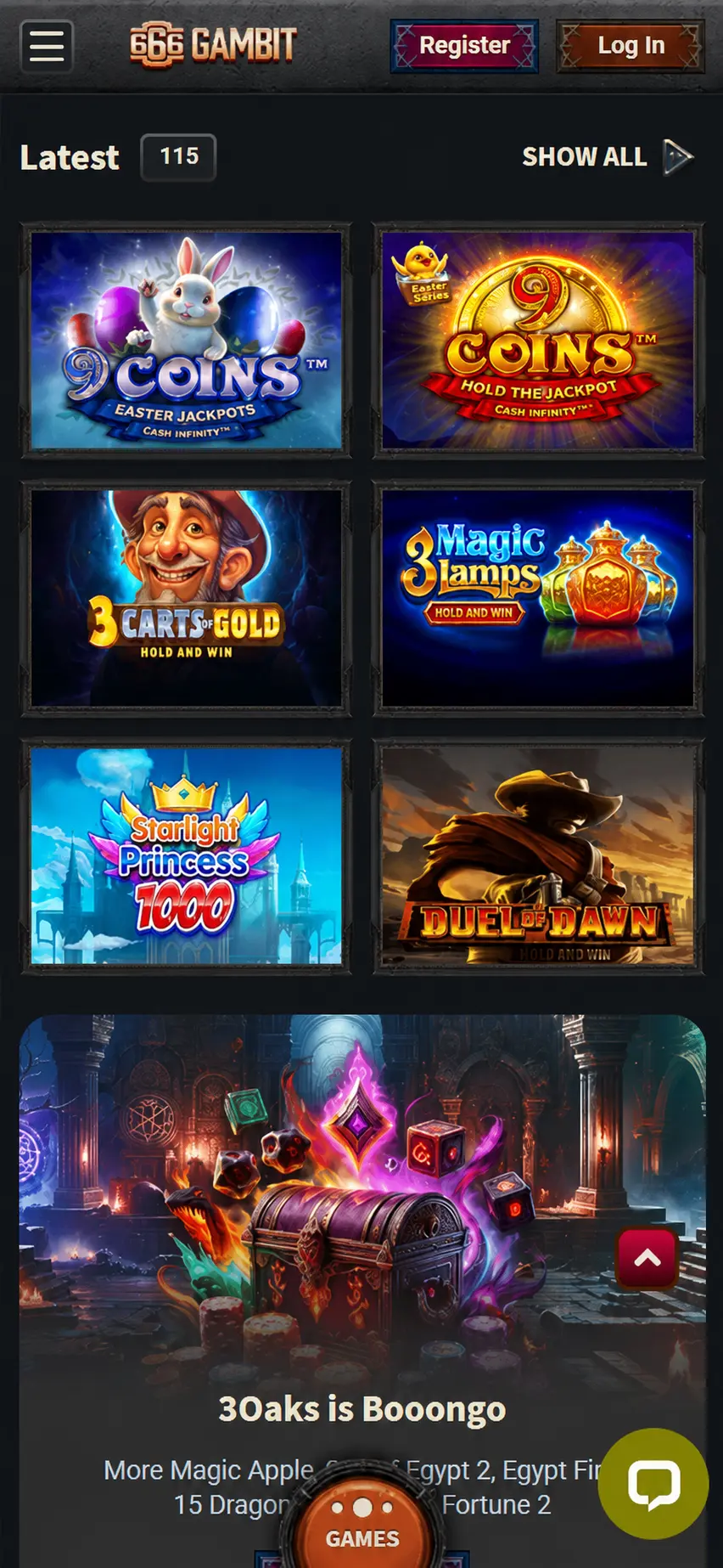 666 Gambit Casino lobby artwork showing the dark gothic interface theme