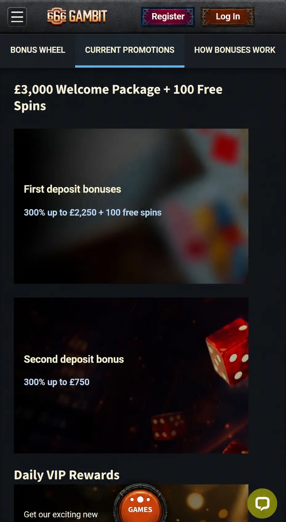 666 Gambit Casino mobile view showing the games lobby on a phone screen