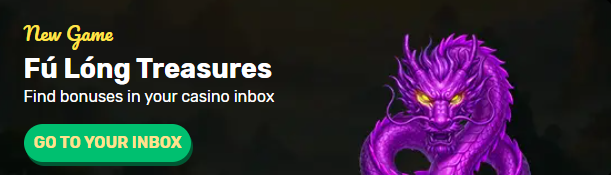 Fu Long Treasures new game banner at Ozwin Casino with a purple dragon