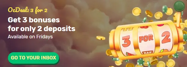 OzDeal 3 for 2 banner with a slot reel showing three for two