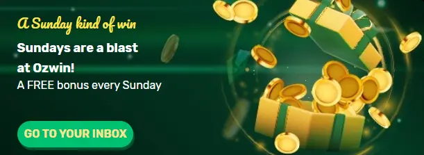 Sunday bonus banner at Ozwin Casino with gold gift boxes and coins