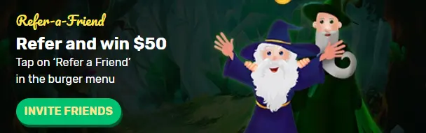 Refer a Friend banner with two wizard characters and gold coins