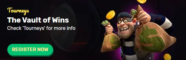 The Vault of Wins tournament banner with a bandit carrying money bags