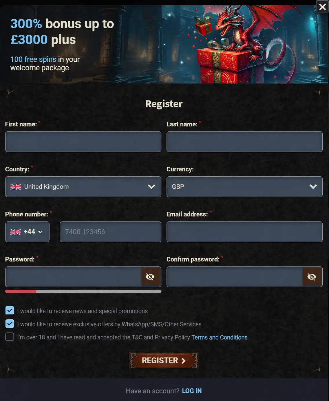 666 Gambit Casino registration form showing name, country, currency and contact fields